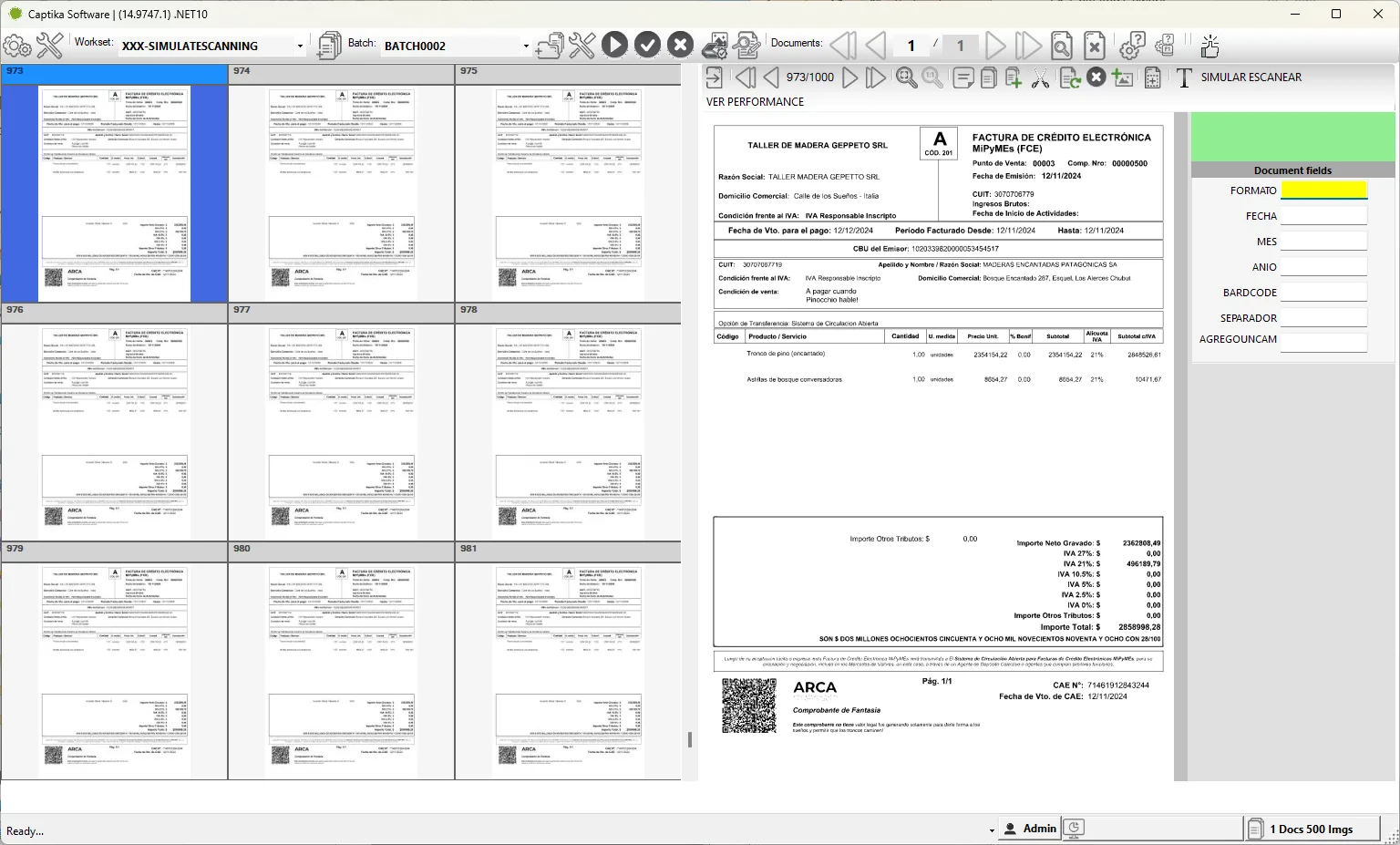 Captika Desktop con un lote abierto: miniaturas de las páginas, visor del documento y panel de campos