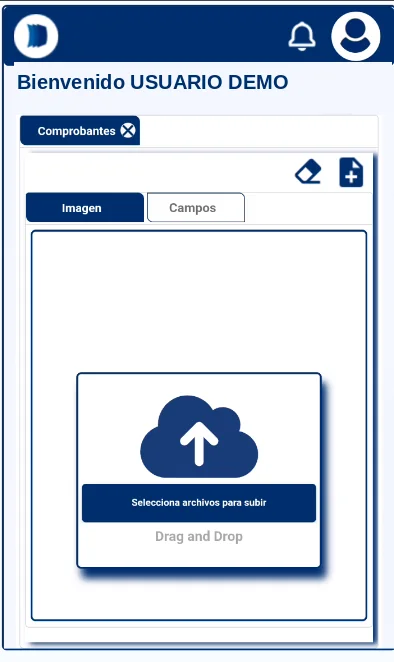 Pantalla de carga de comprobantes en un celular, con la opción de seleccionar archivos o arrastrarlos.