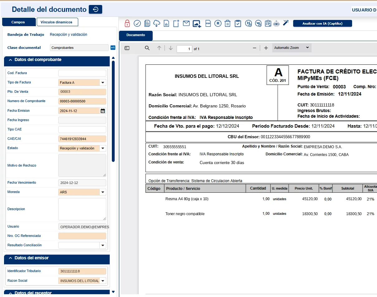 Detalle de un comprobante: a la izquierda los campos ya completados por la IA, a la derecha el PDF original de la factura.