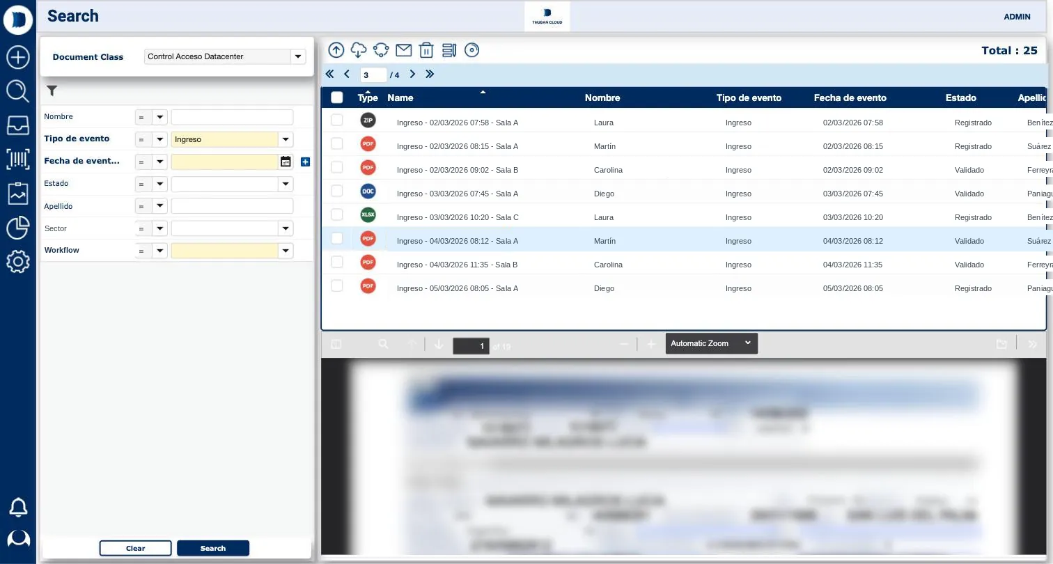 Pantalla de búsqueda de Thuban: panel de filtros por campo a la izquierda, grilla de resultados y visor del documento seleccionado