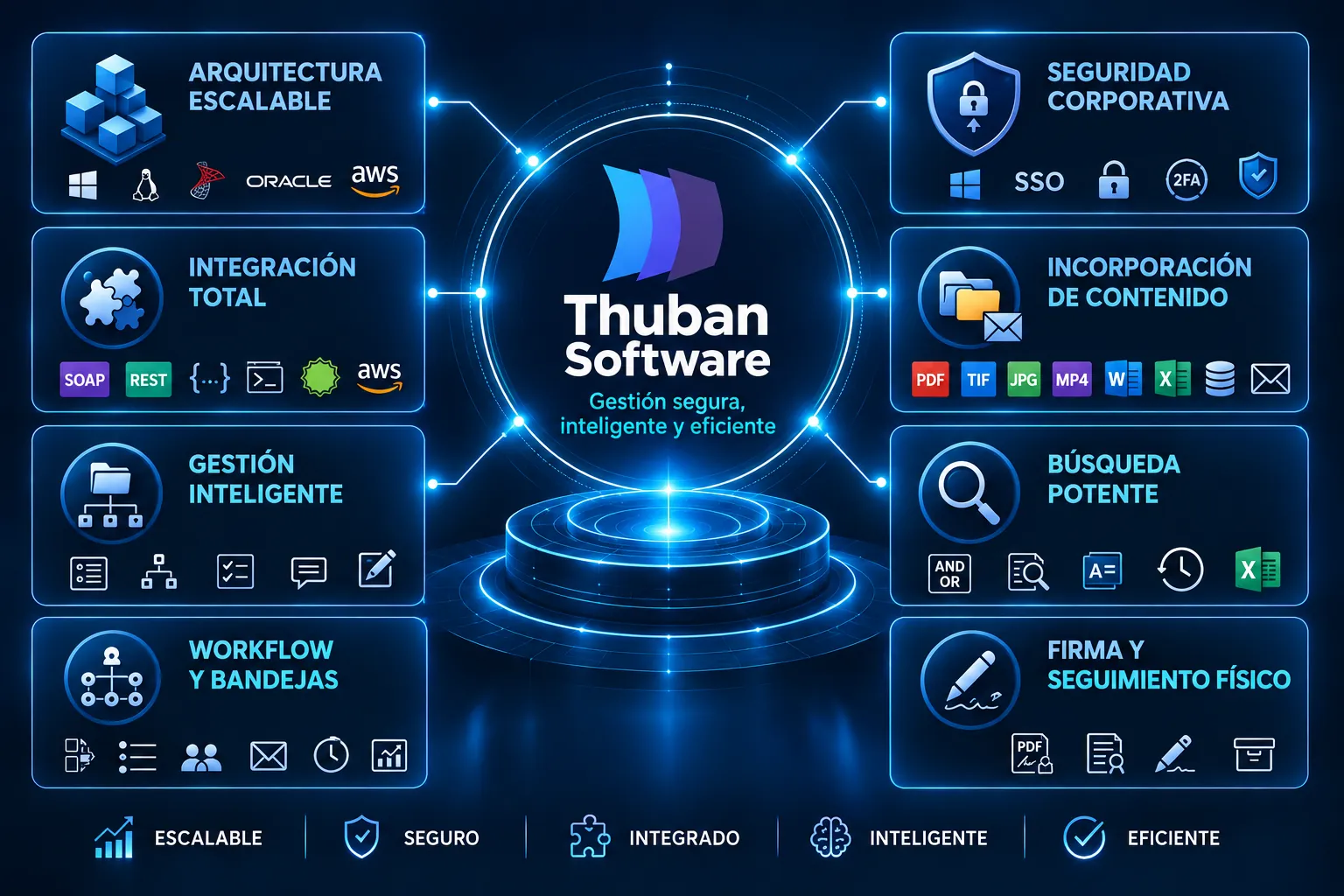 Capacidades de Thuban Software: arquitectura escalable, integración total, gestión inteligente, workflow y bandejas, seguridad corporativa, incorporación de contenido, búsqueda potente, y firma y seguimiento de documentación física.